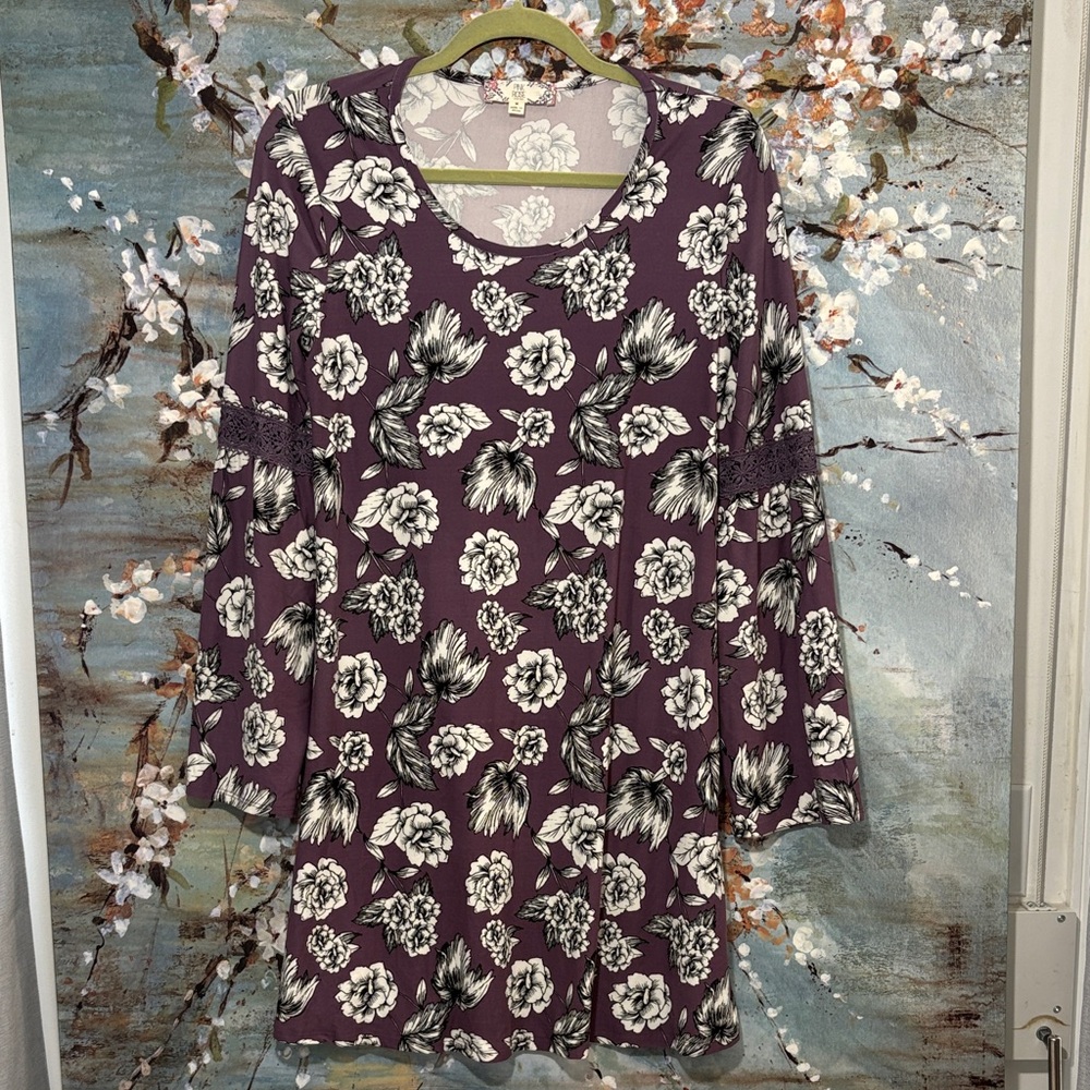 Pink Rose Plum Floral Dress with Lace Accents